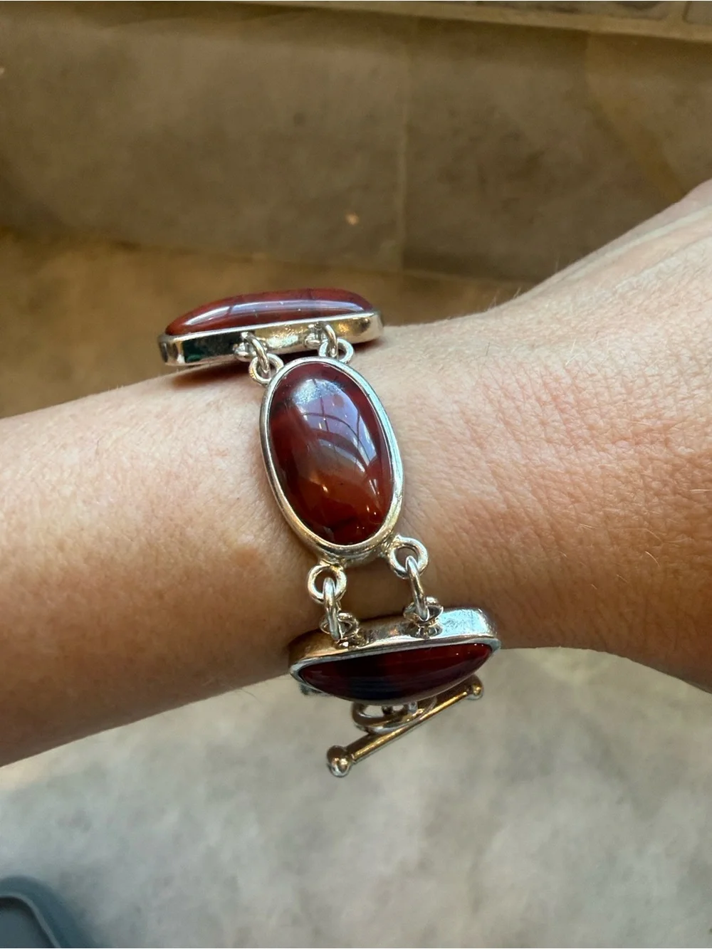 Artisan Red Jasper Cabochon Gemstone Link Bracelet In Sterling Silver